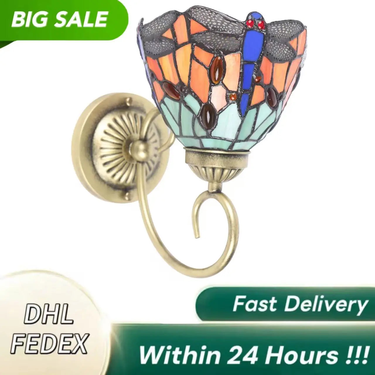 Stained Glass Wall Light, Retro Dragonfly Design With E27 Bulb Holder, Iron & Multicolor Glass Sconce
