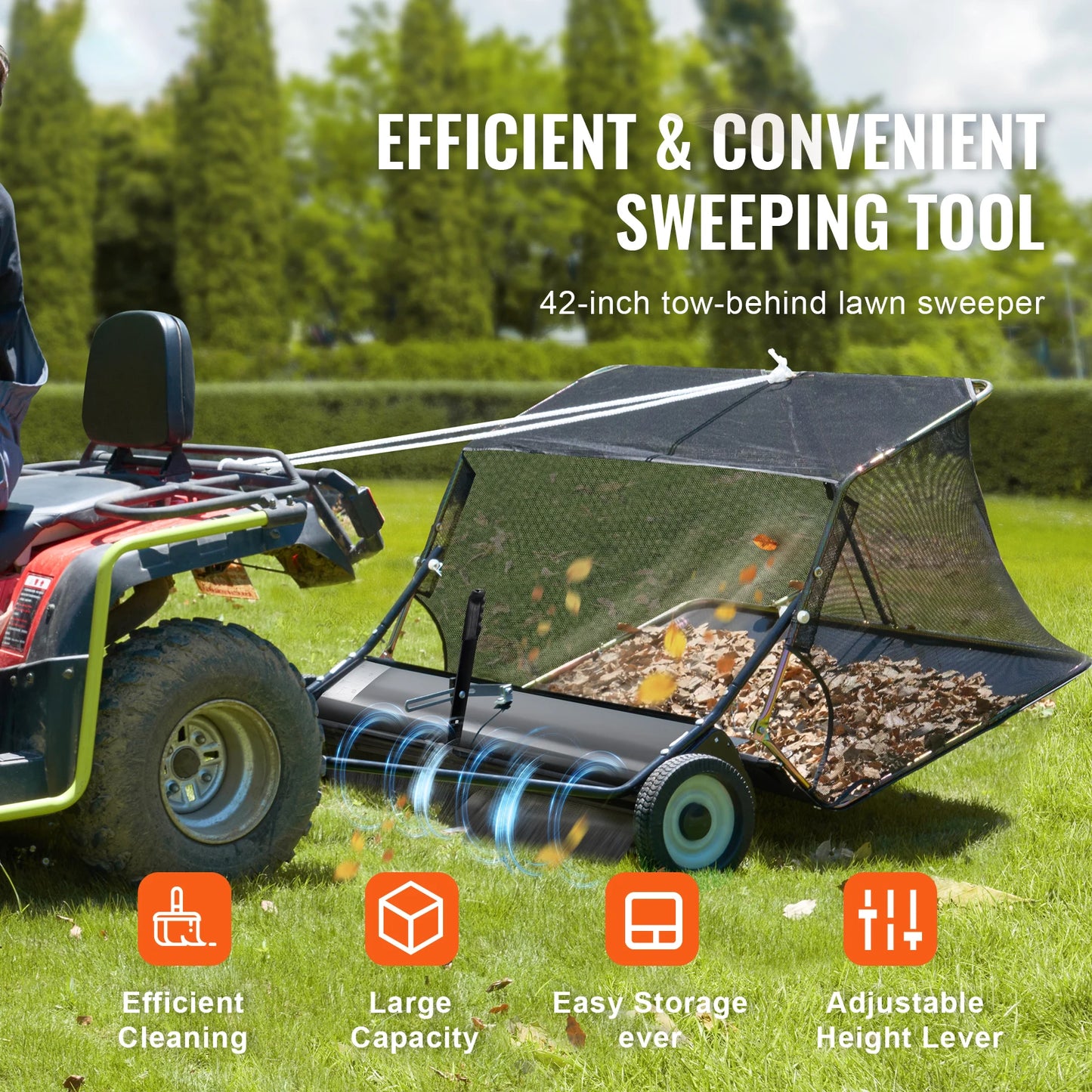 SucceBuy 42-inch Lawn Sweeper Tow Behind 12 cu.ft. Heavy Duty Leaf Grass Collector Adjustable Height for Picking Up Debris Grass