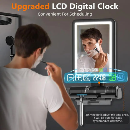 LED Heated Rechargeable Fogless Mirror for Shower with Digital Clock and Storage Tray