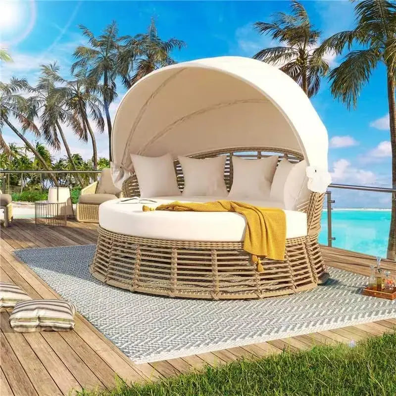 Round Outdoor Patio Rattan Daybed with Retractable Canopy Wicker Furniture Round Poolside Sofa Sunbed with Removable Cushions