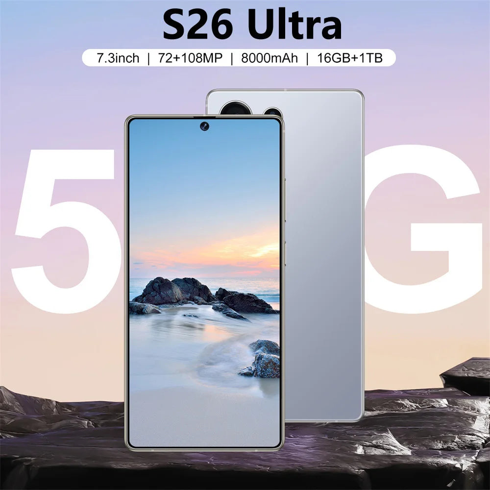 S26 Ultra Original Android Global Version 7.3Inch HD 4G 5G Dual SIM Card Facial Recognition Function 7800Mah Battery