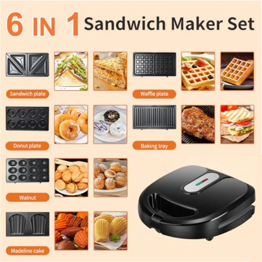 6 in 1 Waffle Maker With Removable Plates