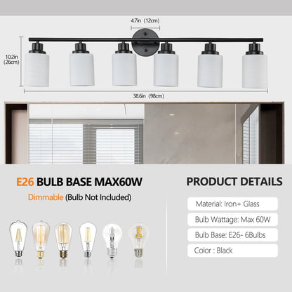 Modern 4/5/6 Vanity Bathroom Mirror Lights, With Frosted White Glass Lampshades and Black Iron Frame