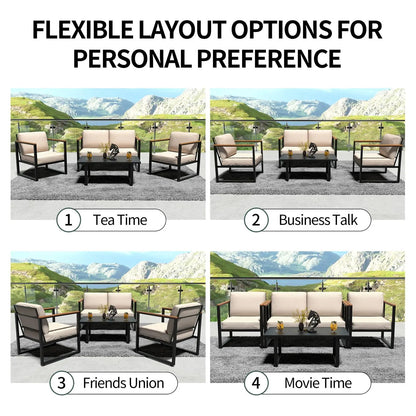 Outdoor Patio 4-Piece Set, Metal Conversation Sofa With Washable Cushions, 2 Chairs & Coffee Table For Garden Balcony