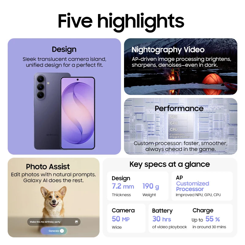 2026 Samsung Galaxy S26 5G Smartphone: Snapdragon 8 Elite Gen 5, 6.3" 120Hz AMOLED Screen, 4300mAh Battery 50MP IP68 NFC