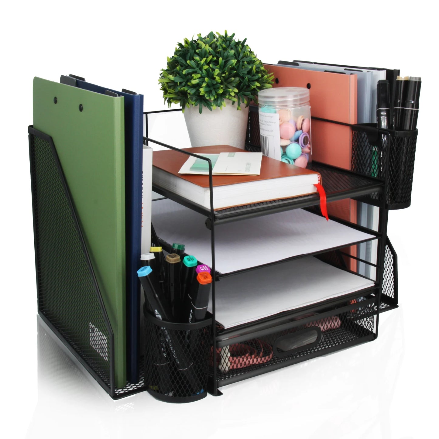Office Desktop, 4 Tray File Organizer with Drawer and 2 Pen Holders