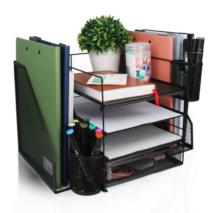 Office Desktop, 4 Tray File Organizer with Drawer and 2 Pen Holders