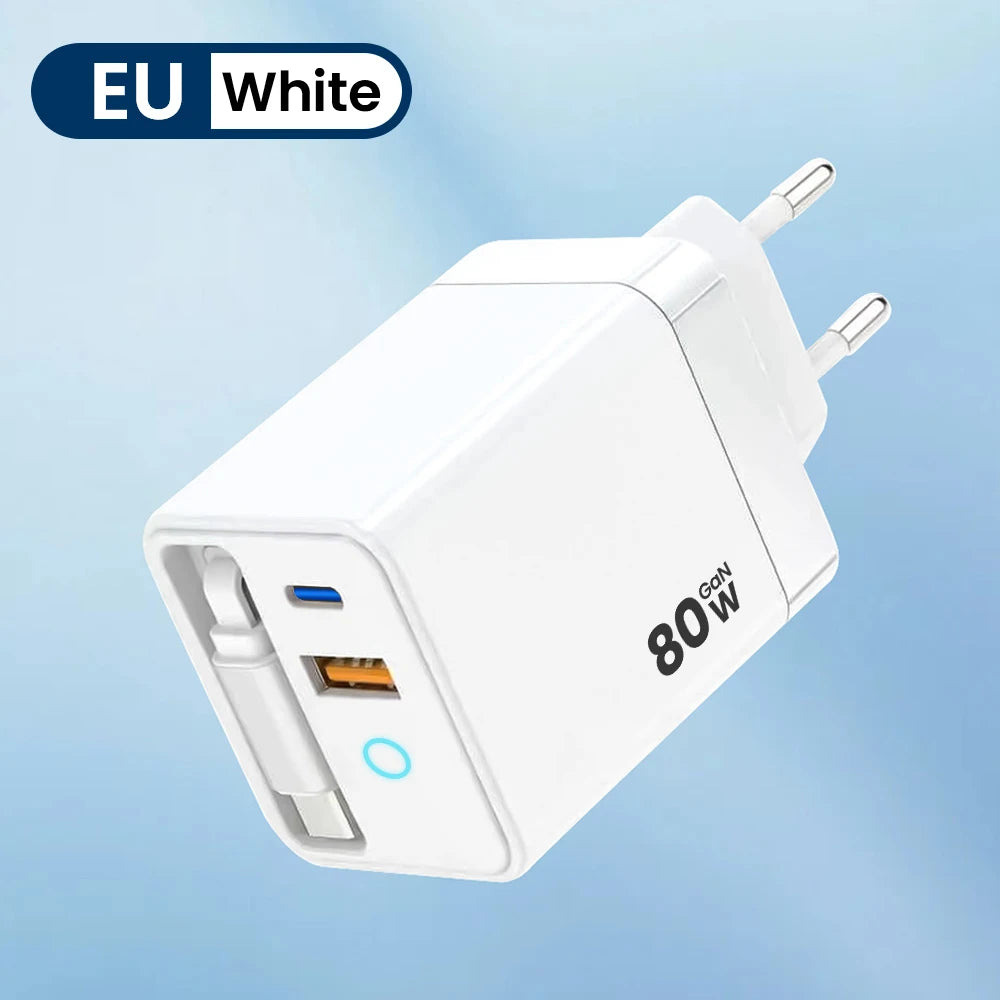 80W Super Fast Charge Type C USB Phone Charger With Telescopic USB C Cable For Iphone 16 15, Samsung, Laptop, With Light