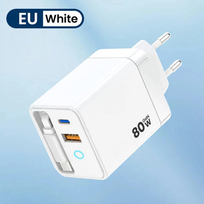 80W Super Fast Charge Type C USB Phone Charger With Telescopic USB C Cable For Iphone 16 15, Samsung, Laptop, With Light