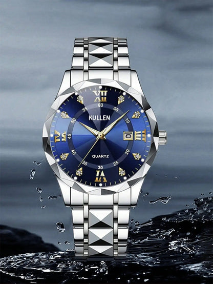 Men's Blue Dial Roman Numeral Quartz Watch with Stainless Steel Band