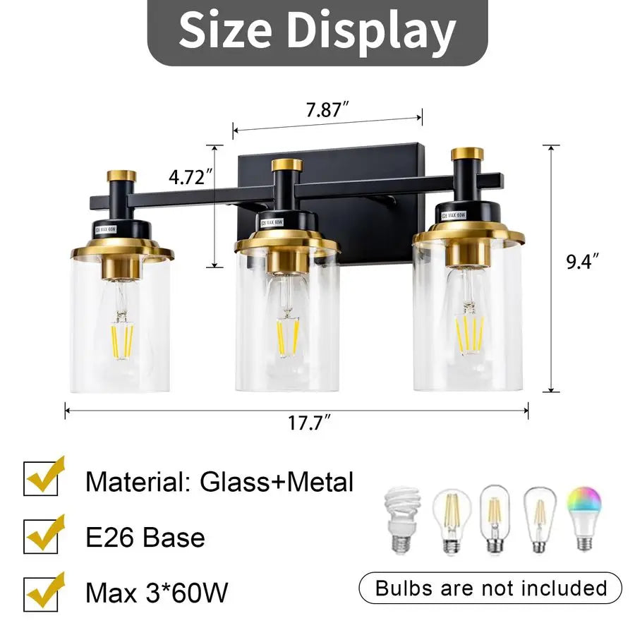 Black and Brushed Gold Vanity Light Fixture Over Mirror Style