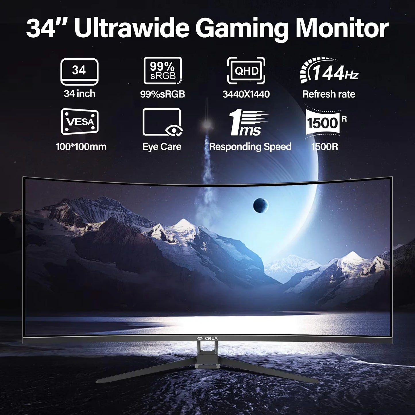Gaming Monitor 34-inch Curved Ultrawide WQHD Monitor 3440 x 1440 R1500 Ultrawide Computer Monitor 144Hz VA Panel Display