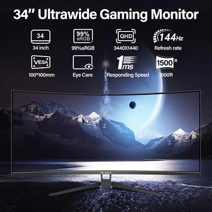 Gaming Monitor 34-inch Curved Ultrawide WQHD Monitor 3440 x 1440 R1500 Ultrawide Computer Monitor 144Hz VA Panel Display