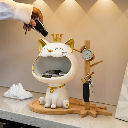 Laughing Cat Statue for Desktop Accessories Storage