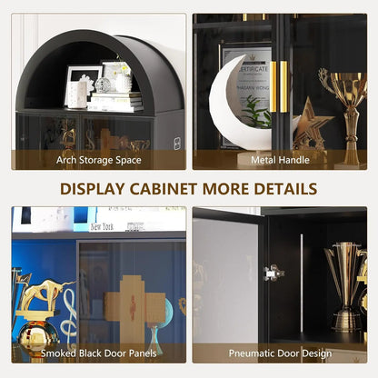 Arch Display Cabinet with Doors and Adjustable Shelves, 76" Tall Curio Cabinet with LED Lights/Storage Space