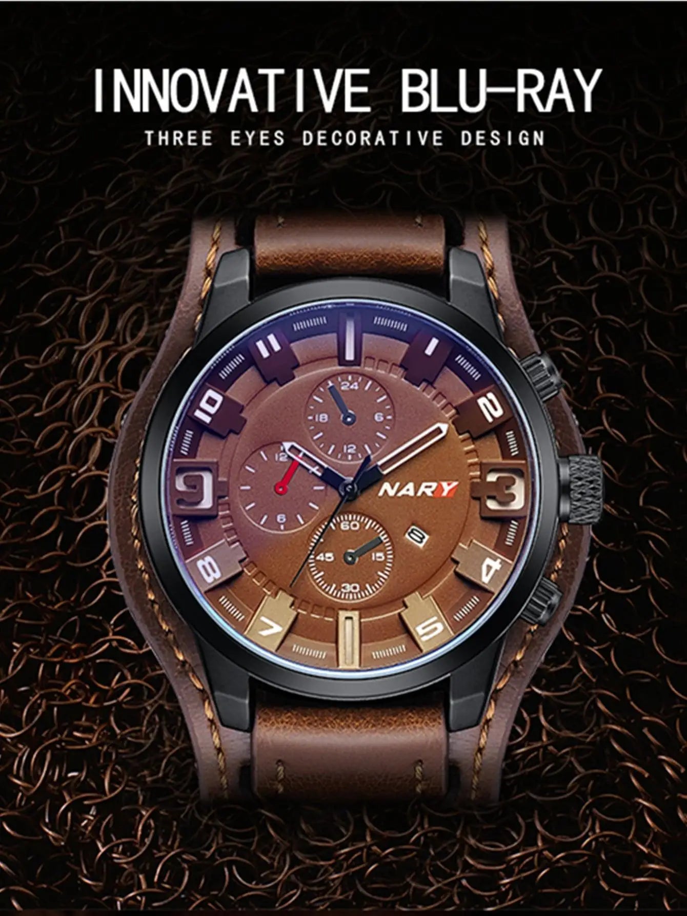 Men's Brown Round Dial Quartz Watch with PU Leather Strap