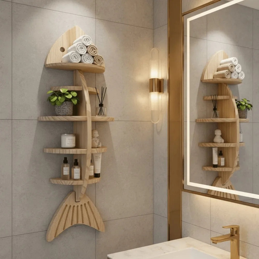 1pc Creative Wooden Fishbone Wall Storage Shelf, Multilayer Stylish Home Decor Rack, Bathroom Storage Shelf