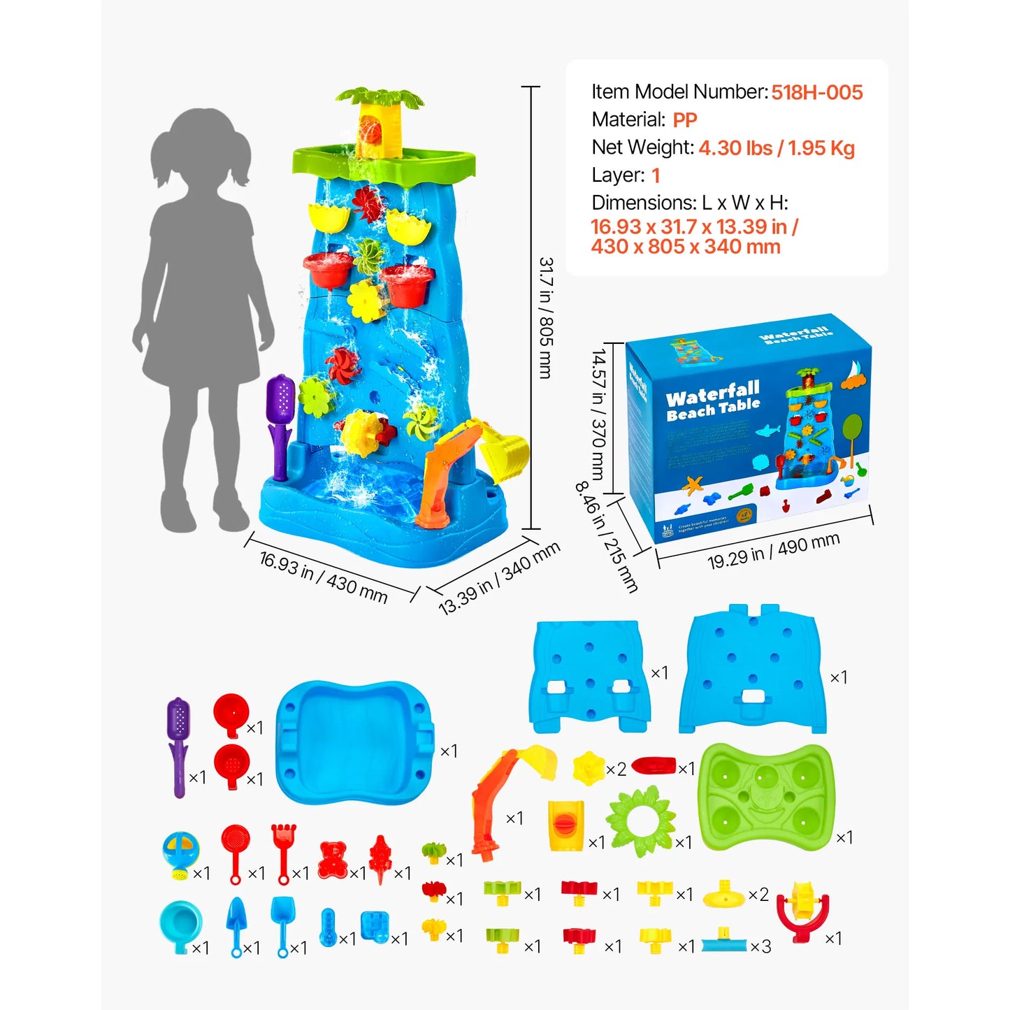 Kids Outdoor Beach Water Play Table with 37PCS