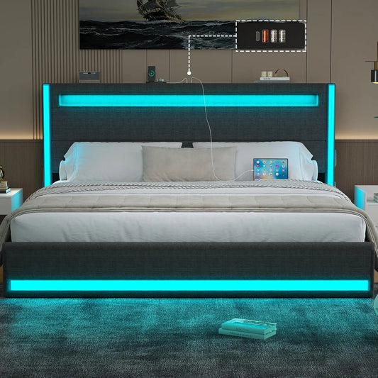King Size LED Platform Bed Frame with Adjustable Headboard and Type-C USB Charging Station