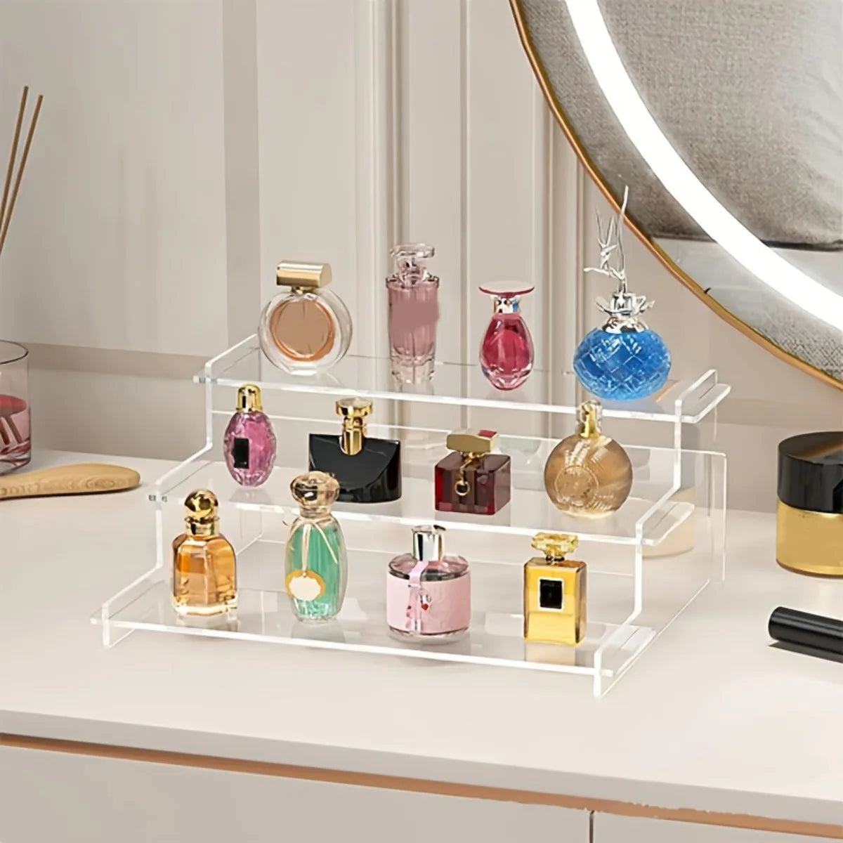 3-Tier Clear Acrylic Display Stand for Jewelry, Makeup, Cupcake Organizer, Transparent Shelf, Sturdy Base, Space-Saving Storage
