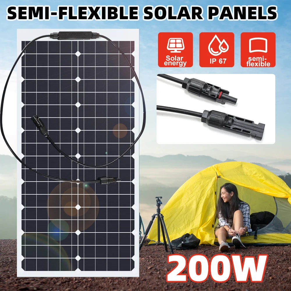 200W Flexible Solar Panels Waterproof Monocrystalline Solar Panel for Home, RV, Boat, and Camping 18V Charge
