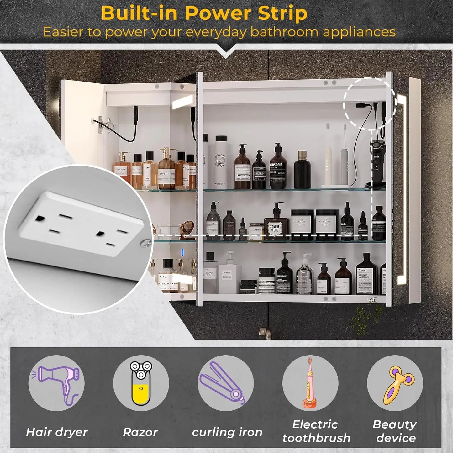 Lighted Medicine Cabinet with Mirror and Storage, 3 Doors, 39.4'' x 23.6''