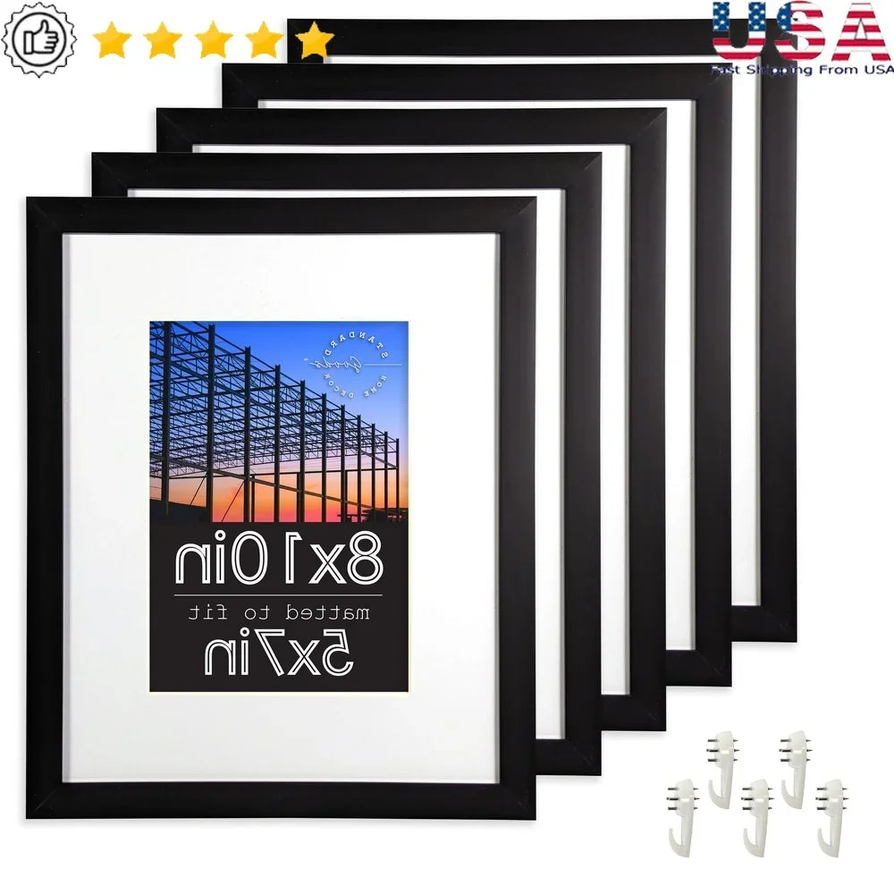 5-Pack Matted Black Picture Frames in 5x7 or 8x10 Tabletop or Wall Displays