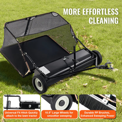 SucceBuy 42-inch Lawn Sweeper Tow Behind 12 cu.ft. Heavy Duty Leaf Grass Collector Adjustable Height for Picking Up Debris Grass