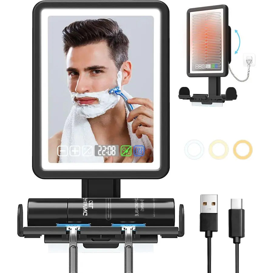LED Heated Rechargeable Fogless Mirror for Shower with Digital Clock and Storage Tray