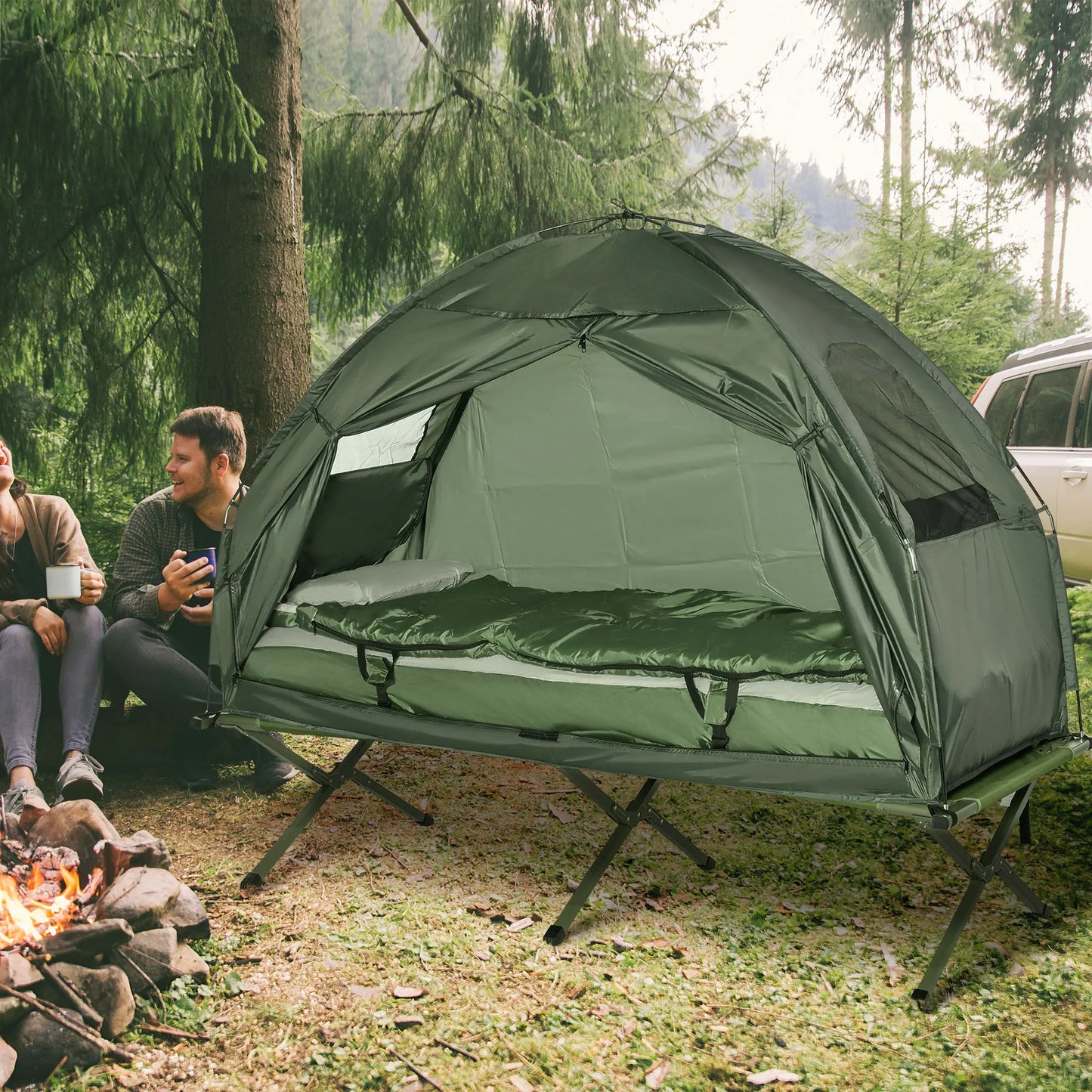 All in One Camping Tent-Cot Combo with Air Mattress, Pump and Sleeping Bag