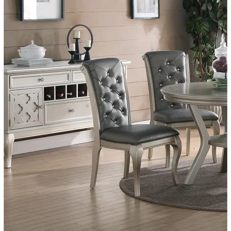 7pc Rect. Glass Dining Table Set w/ Silver Hue & 6 Tufted Side Chairs for Dining Room