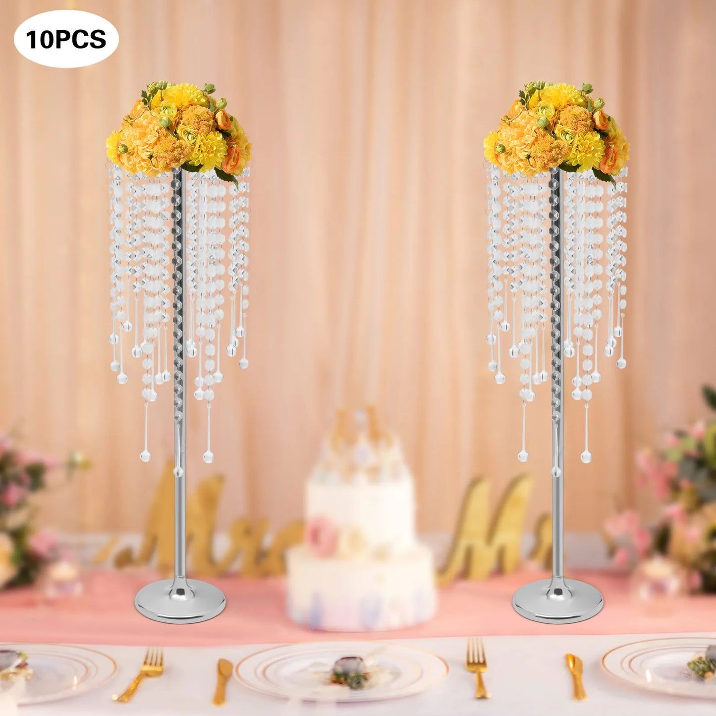 10 Pieces Crystal Silver Flower Stand Large Flower Stand Wedding Decor Table Centerpieces Home Decor 75cm Height