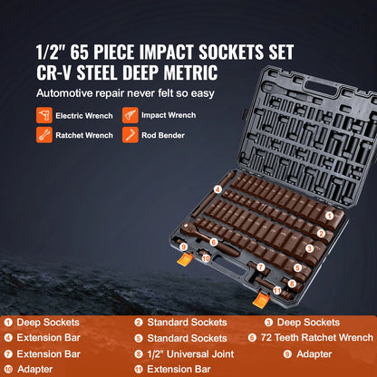 1/2" Drive Impact 6 Point Socket Set