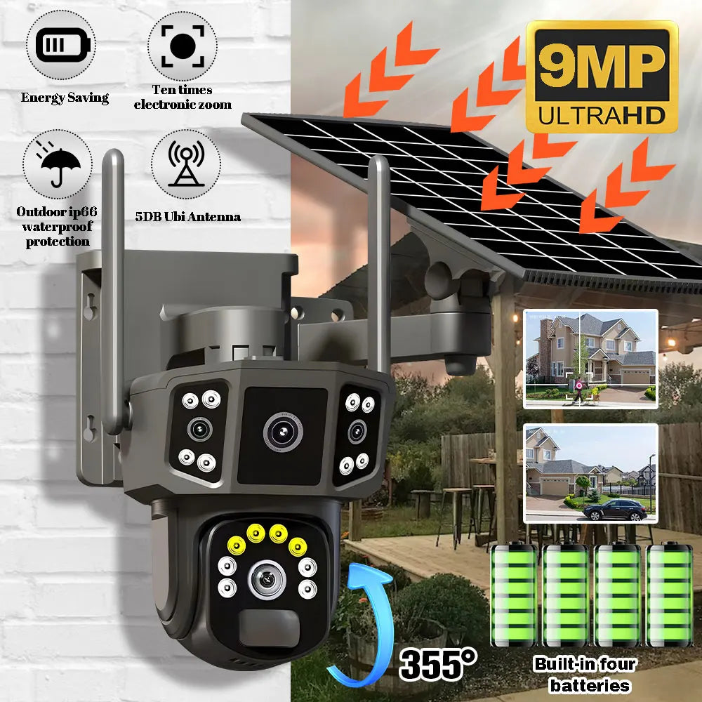 9MP 4K IP Camera With Dual Lens Screen WiFi PTZ Auto Tracking Waterproof Panoramic Surveillance Camera with Voice Intercom System