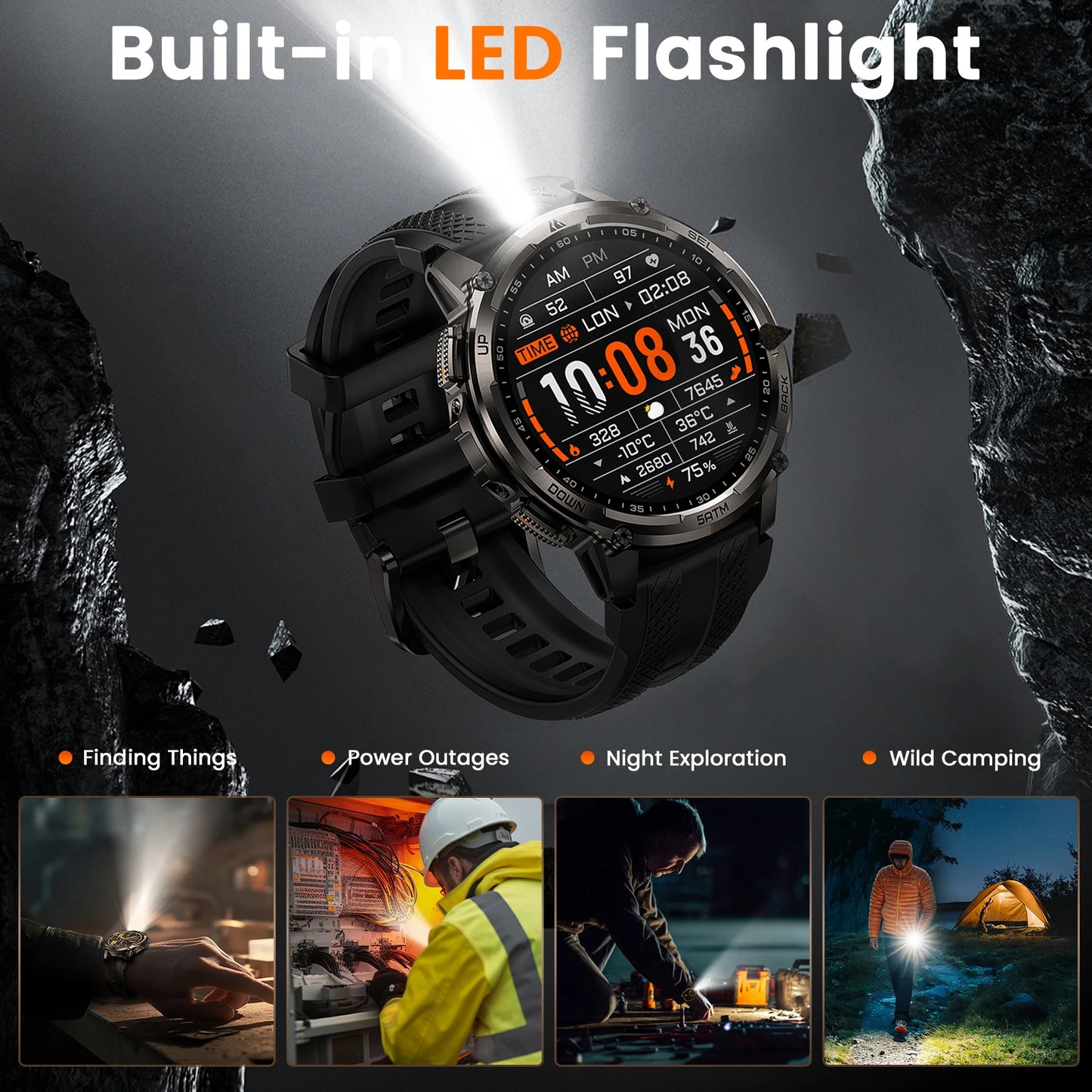Men’s Smartwatch Outdoor Rugged Watch with Flashlight, Dual‑Band GPS, Fitness & Health Tracker