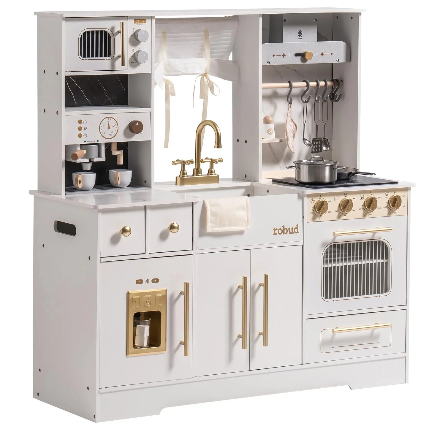 Wooden Play Kitchen with Wash basin, Cookware, Accessories, and Microwave.  Toy Kitchen Gift for Boys and Girls