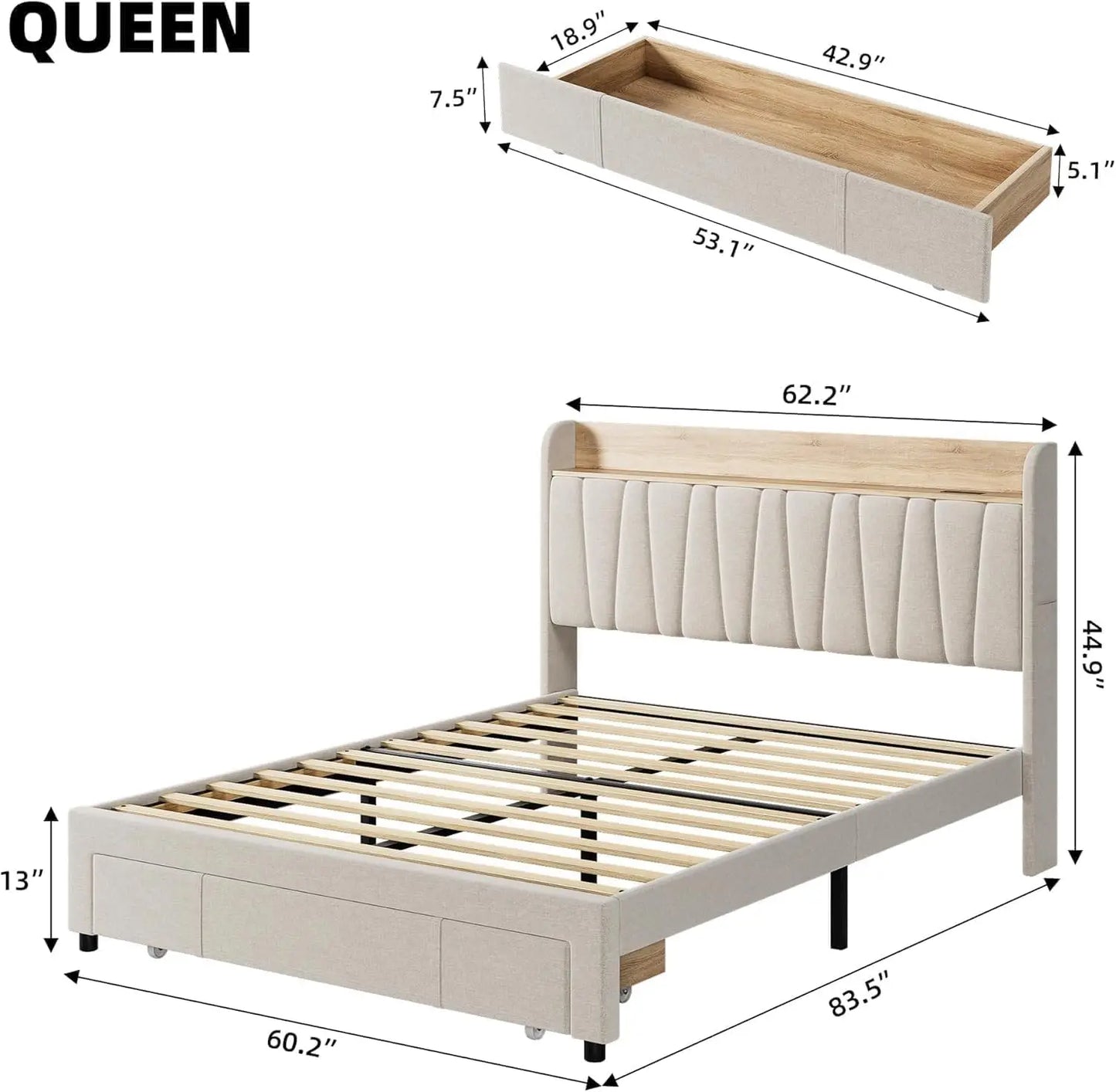 Queen Size Upholstered Platform Bed Frame with Storage Drawers