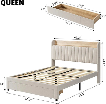 Queen Size Upholstered Platform Bed Frame with Storage Drawers