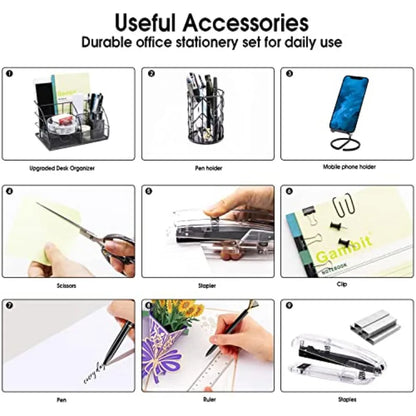 Black Desk Organizer and Accessories Office Set Stapler, Pen Holder, Phone Holder, Scissors, Pen, Ruler, 30 Paper Clips
