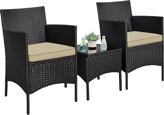 3 Pieces Patio Porch Furniture Set, Outdoor PE Rattan Wicker Conversation Set with Soft Cushions, Glass Coffee Table