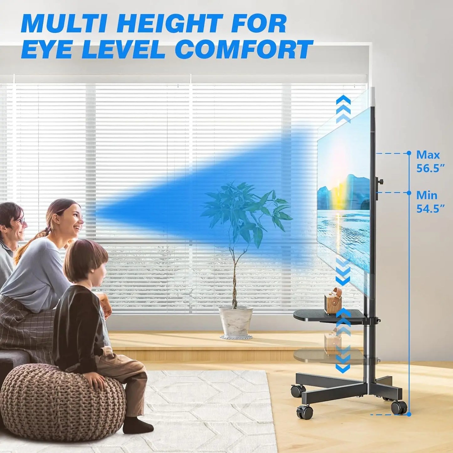 Universal Rolling TV Stand with Shelf for 23-65 inch TVs up to 88lbs, Adjustable Height & Tilt, Silent Wheels
