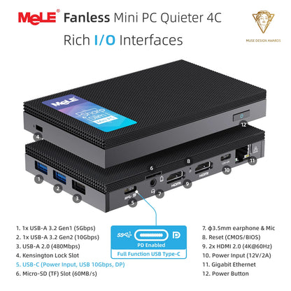 MeLE Quieter4C Fanless Mini PC N150 32GB 1TB Micro Desktop Computer, 4K, Dual HDMI, All-in-One USB C Display WiFi 5 BT5.1 Ethernet