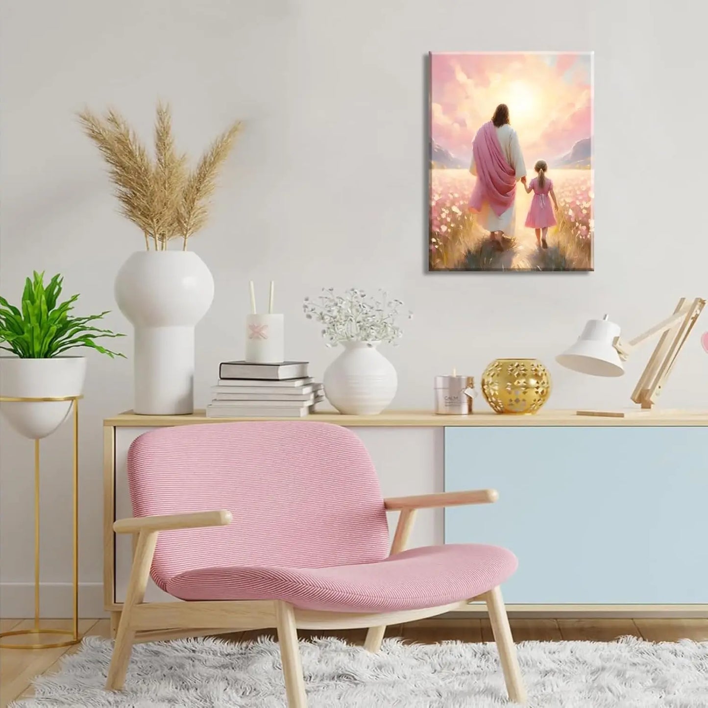 Jesus & Girl Walking Canvas Art - Christian Wall Decor with "The Way He Leads" Concept, "I Will Walk with Christ" Poster Print