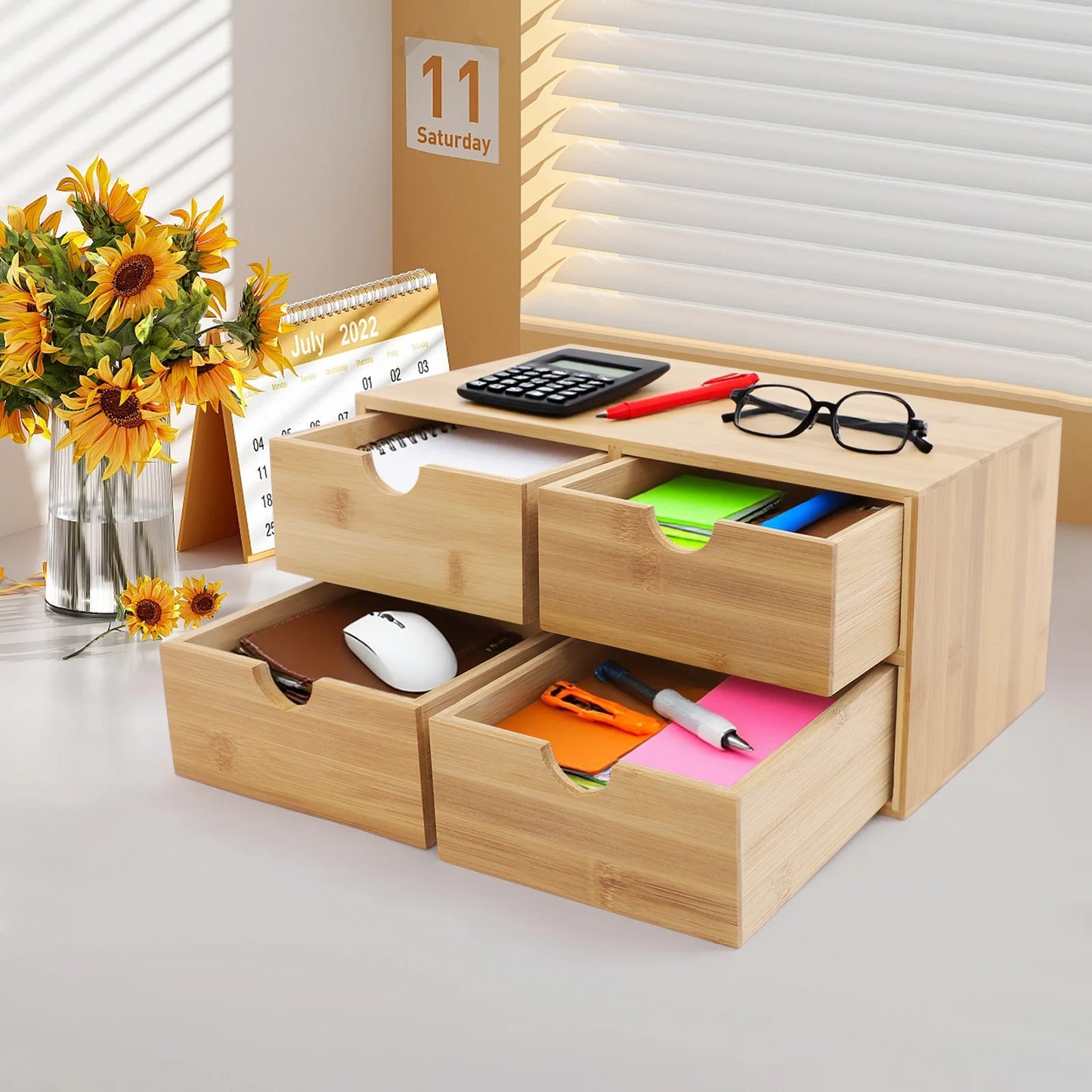 4-Drawer Desktop Bamboo Tabletop Storage Organization Boxes