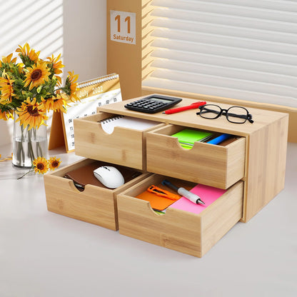 4-Drawer Desktop Bamboo Tabletop Storage Organization Boxes