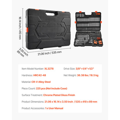 Socket Set 86 Pieces 1/4," 3/8," and 1/2inch SAE and Metric Socket and Ratchet Set