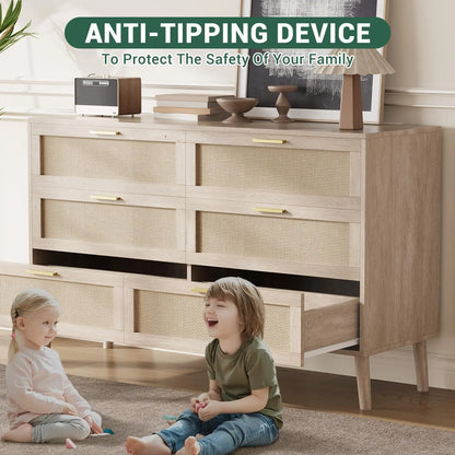 47.2" Rattan 6 Drawer Dresser With Gold Handles Large Storage Dresser For Bedroom