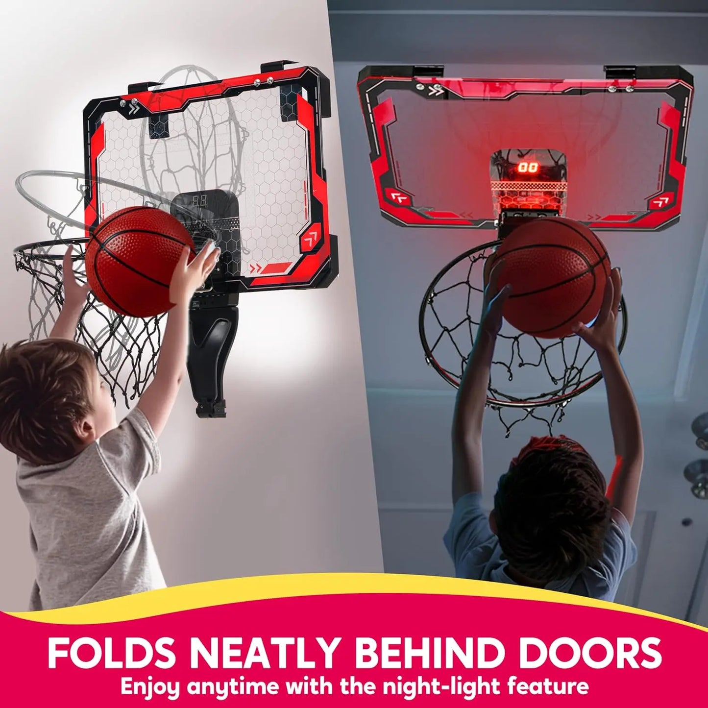 Mini Indoor Basketball Hoop Light Up Over The Door Basket Ball Hoop for Kids with 4 Balls