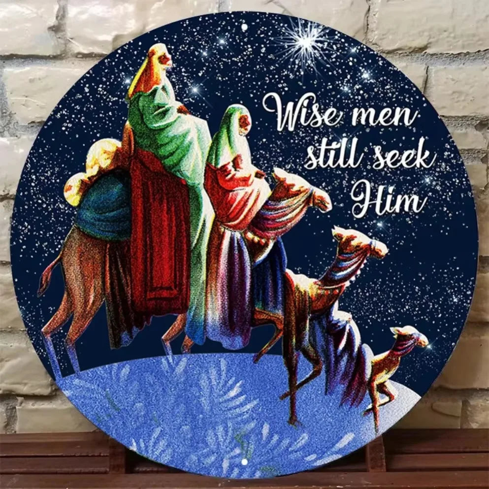 1PC Round Nativity Scene Metal Wall Art -2D "Wise Men Still Seek Him" for Home, Office and Church