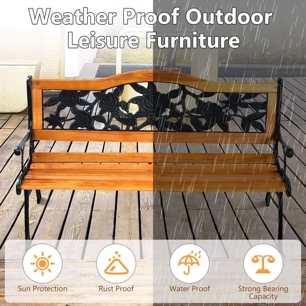 50 Inch Patio Bench, Outdoor Furniture Rose Cast Iron Hardwood Frame Porch Loveseat, Weather Proof Porch Path Chair for 2 Person